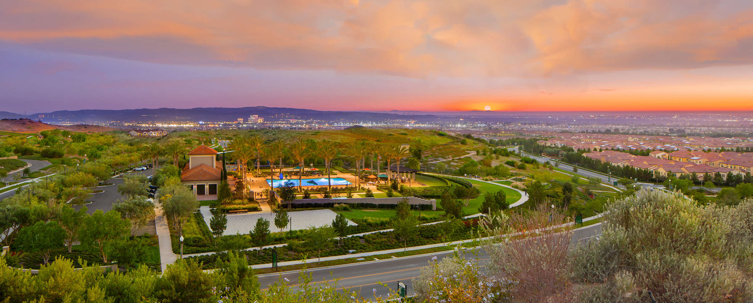 Aerial shot of Highland Park during sunset